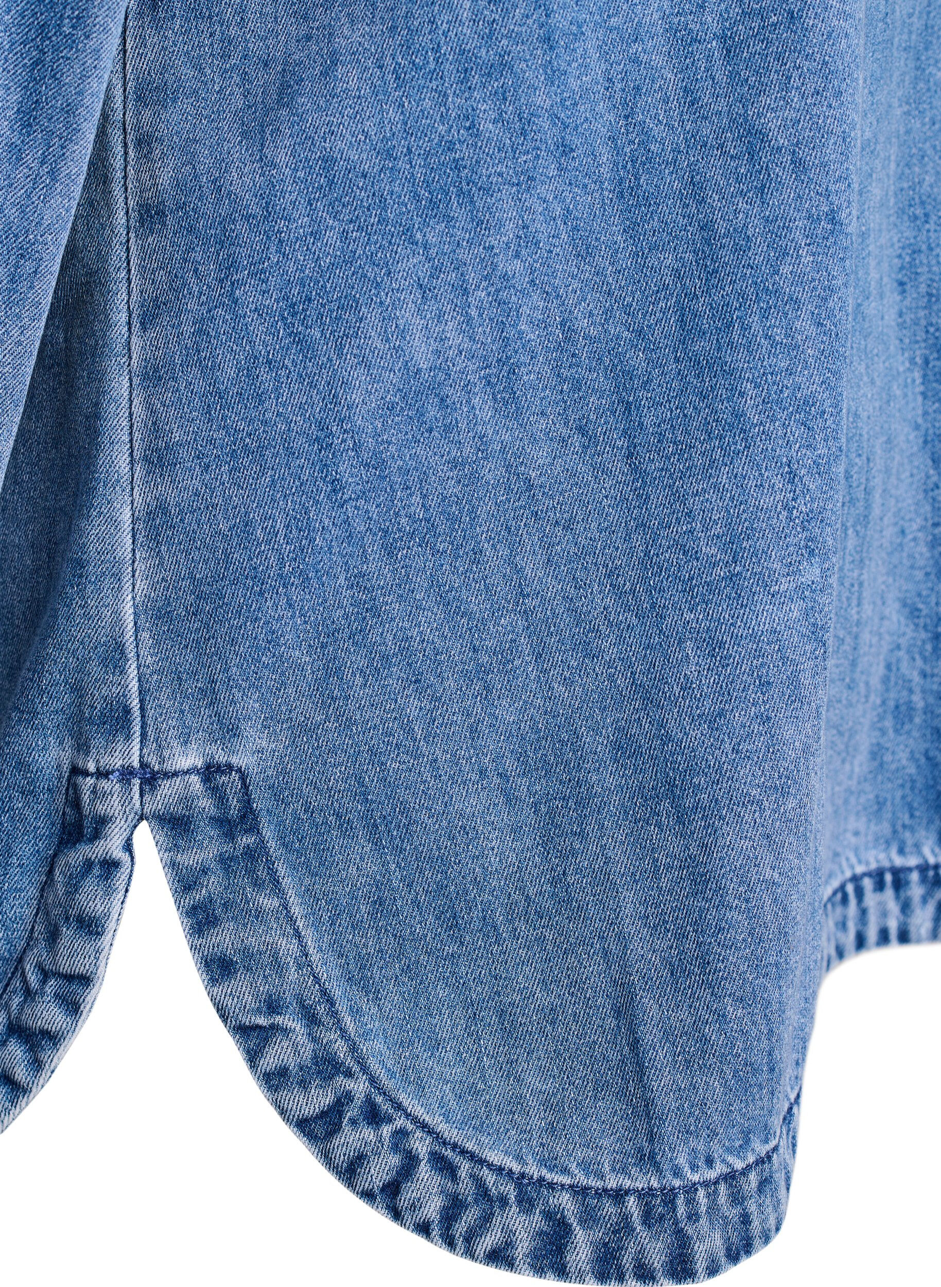 Zizzi Loose fit denim bluse med krage og V-hals, Bl&aring;, Packshot image number 3