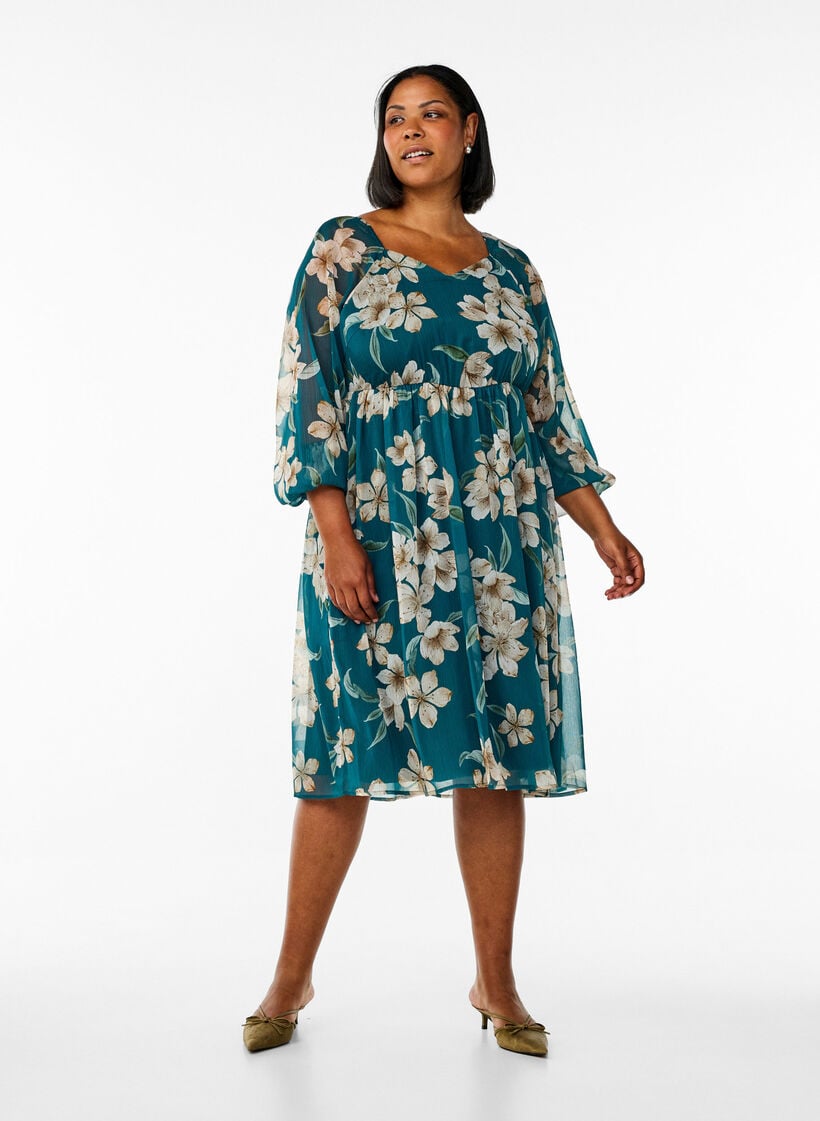 Chiffon festkjole med lange ermer, Gr&oslash;nn, Model image number 1