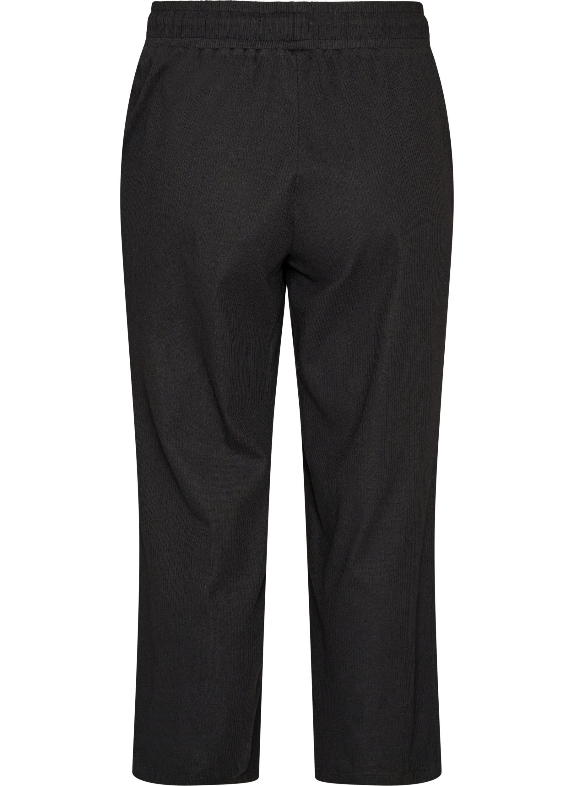 ZizziRibbede pyjamabukser med rette ben, Svart, Packshot image number 1