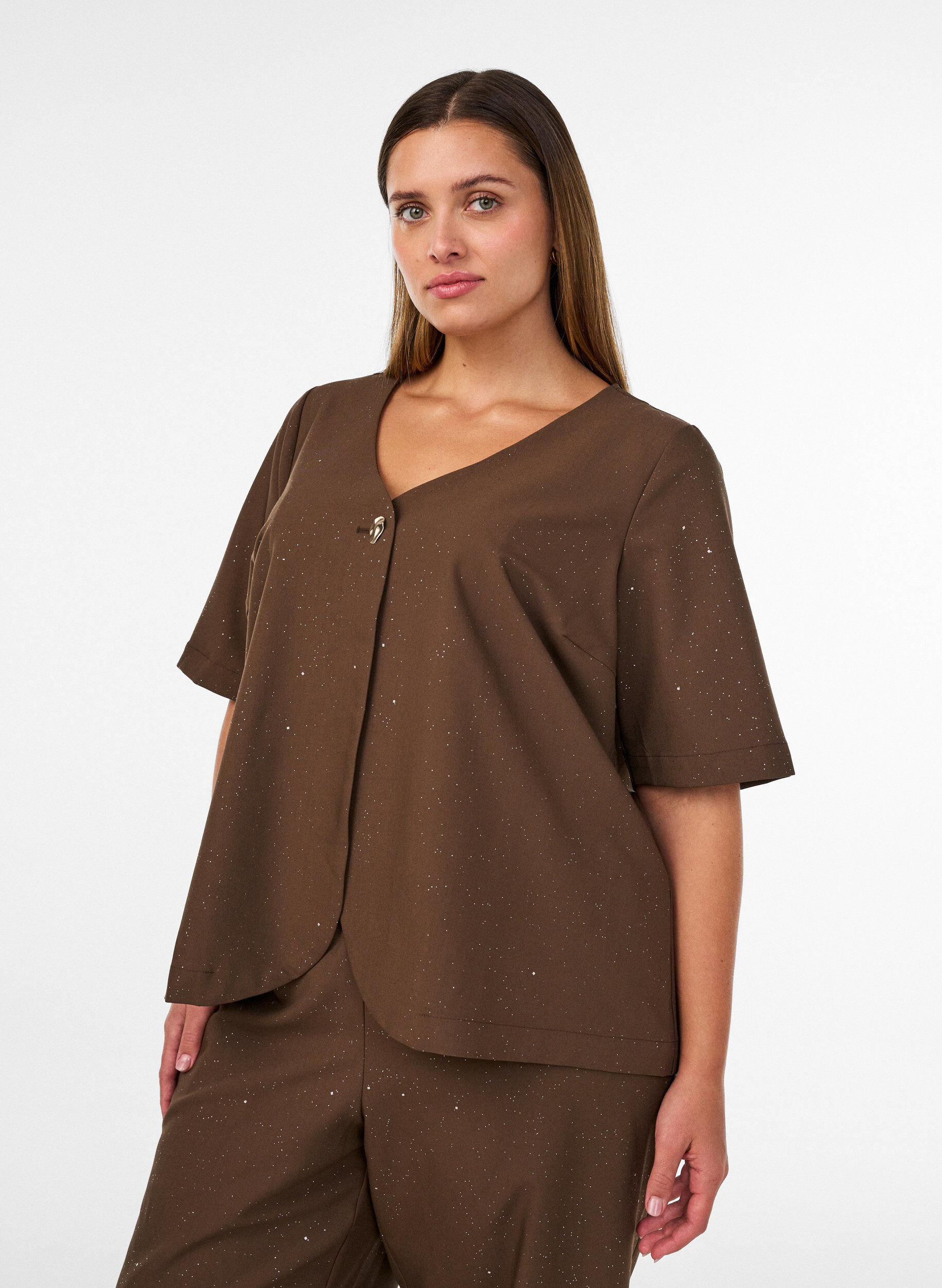 ZizziBluse med glitter og V-hals, Brun, Model image number 0