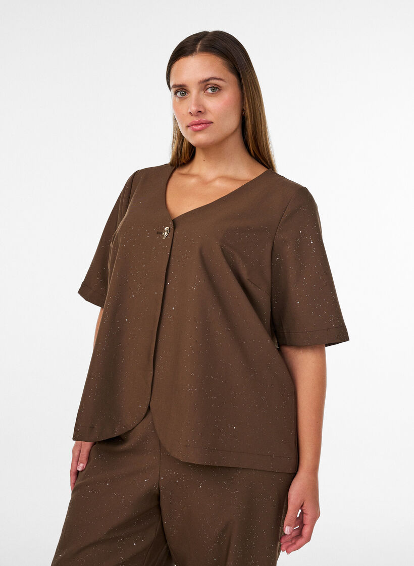 Bluse med glitter og V-hals, Brun, Model image number 0