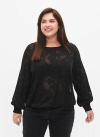 Jacquardbluse med smocking, Black, Model