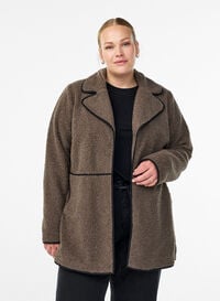 Myk teddyjakke med kontrastdetaljer, Brun Myk teddyjakke med kontrastdetaljer, Brun, Model
