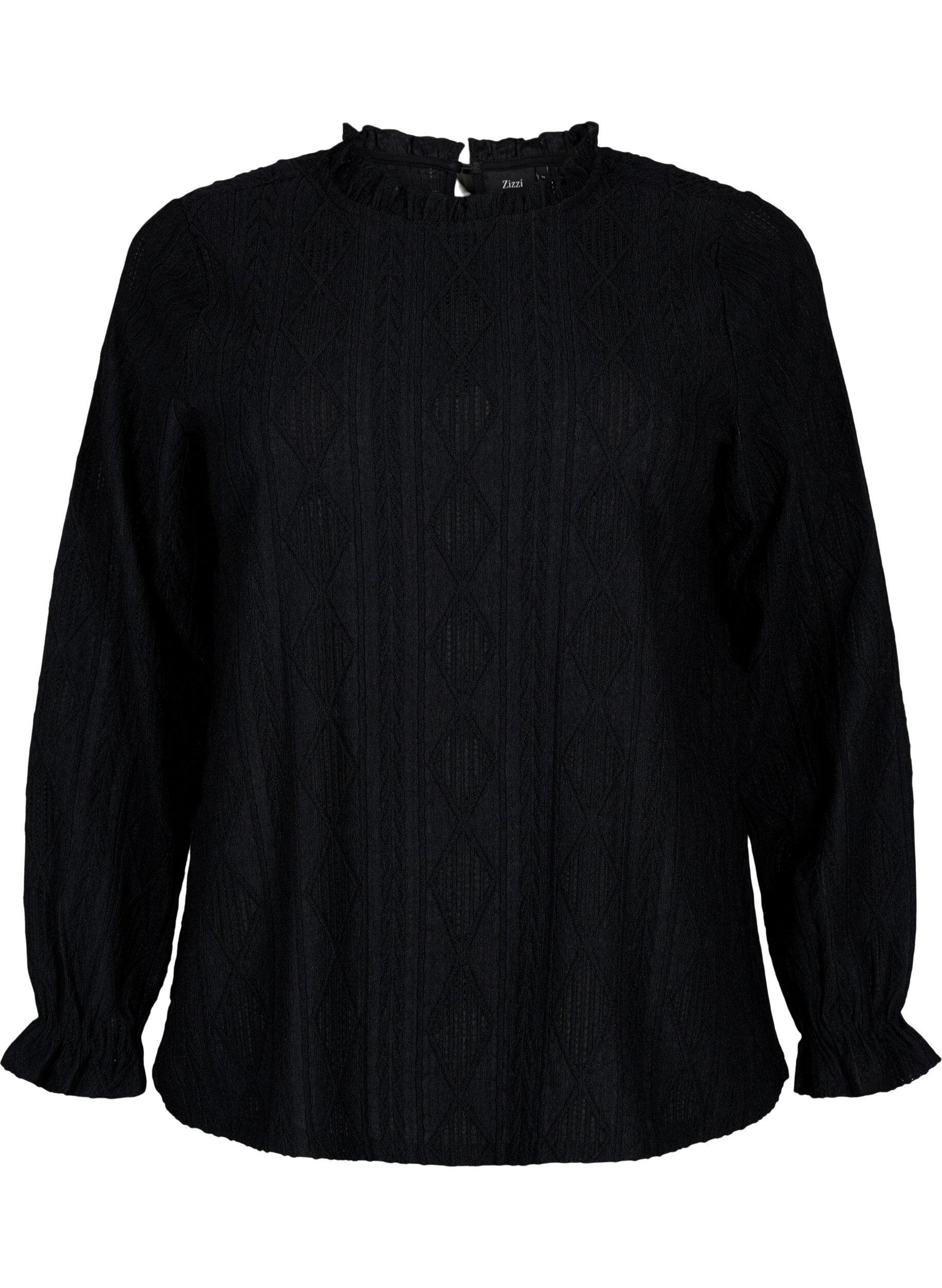 Zizzi Bluse med volanger og tone-i-tone-m&oslash;nster, Black, Packshot image number 0