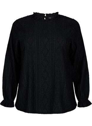 Bluse med volanger og tone-i-tone-mønster, Black, Packshot image number 0