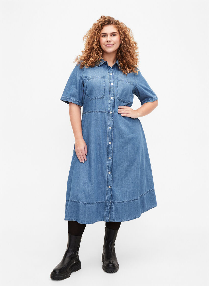 Skjortekjole i denim med korte ermer, Bl&aring;, Model image number 1