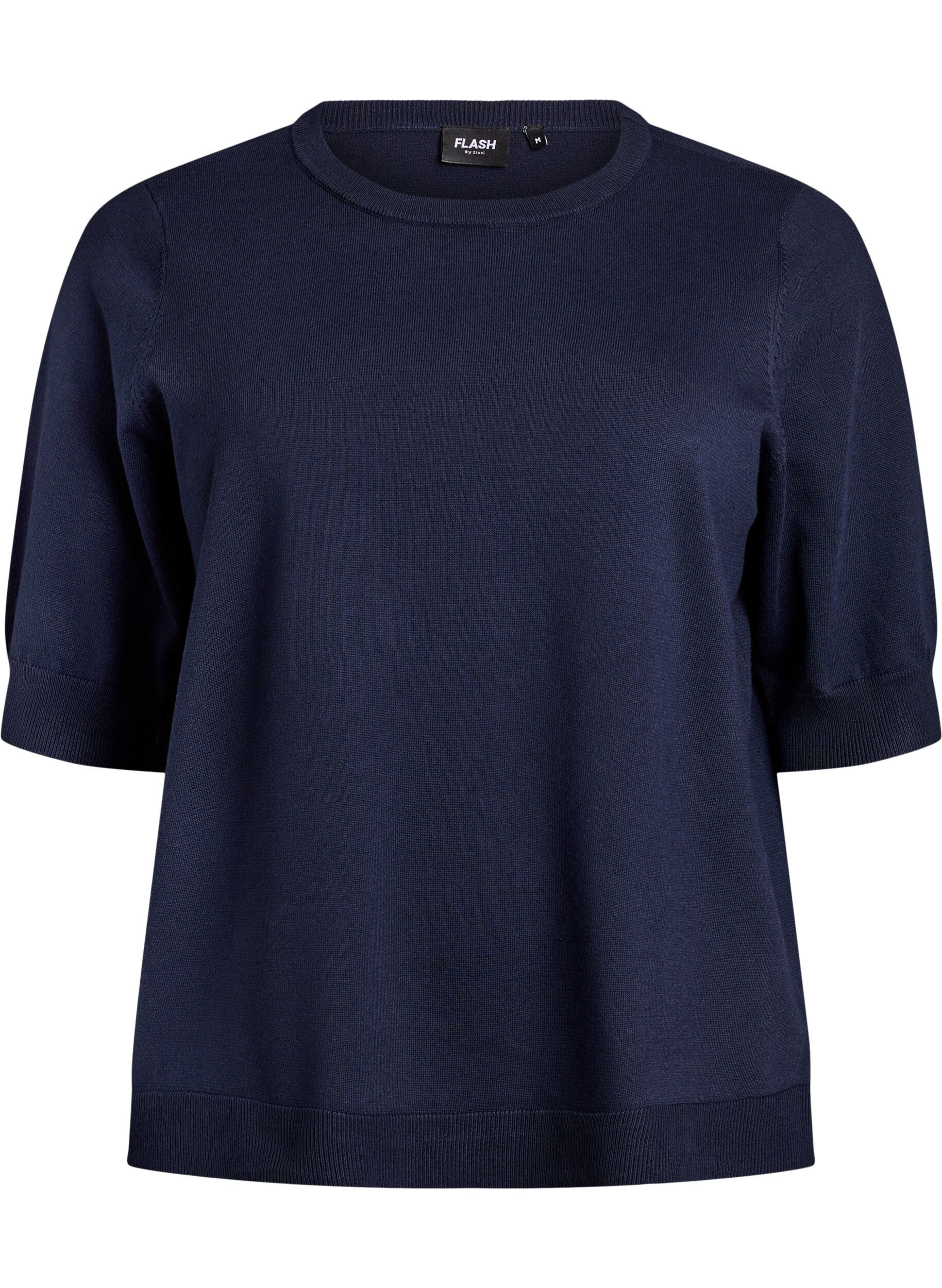 ZizziFinstrikket bluse med korte ermer, Bl&aring;, Packshot image number 0
