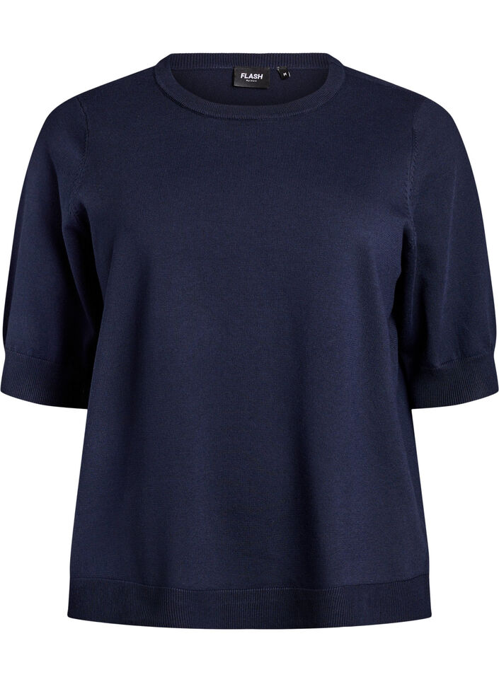 Finstrikket bluse med korte ermer, Bl&aring;, Packshot image number 0