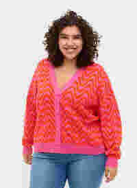 Strikket cardigan med mønster og knapper, Hot Pink Comb., Model