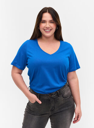 T-skjorte i organisk bomull med V-hals, Princess Blue, Model image number 0