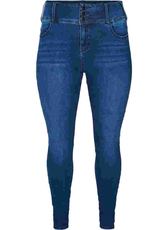 Super slim Bea jeans med ekstra høyt liv, Blue denim, Packshot image number 0