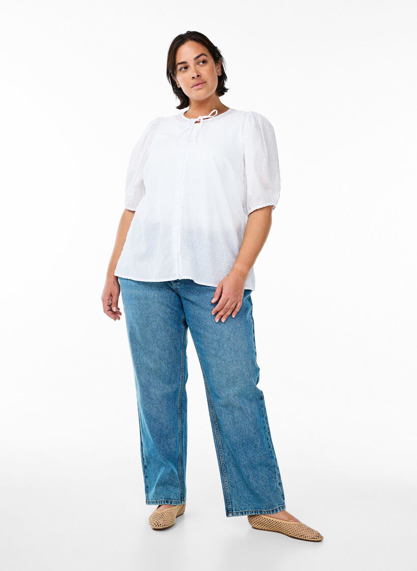 Skjortebluse med knytebånd og prikkete tekstur, Hvit, Model image number 1