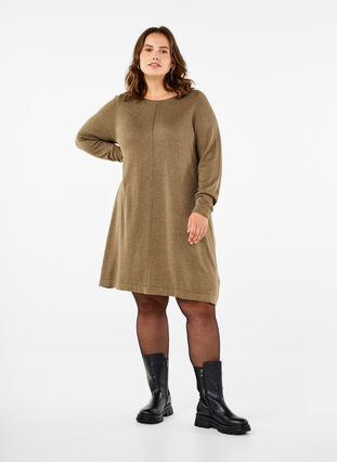 Zizzi Strikket kjole i bomull og viskoseblanding, Grønn, Model image number 1