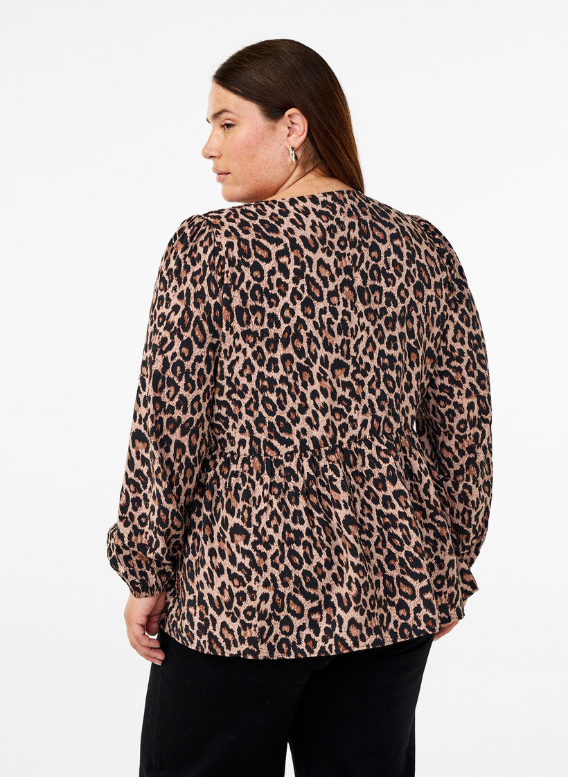 Peplumbluse med knytebelte og leopardmønster, Brun, Model image number 2
