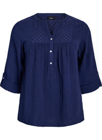 Bluse i bomullsmuslin med broderi anglaise, Blå Bluse i bomullsmuslin med broderi anglaise