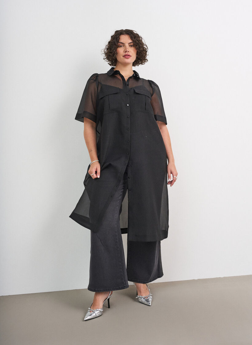 Organza kjole med brystlommer og puff ermer, Svart, Model image number 1