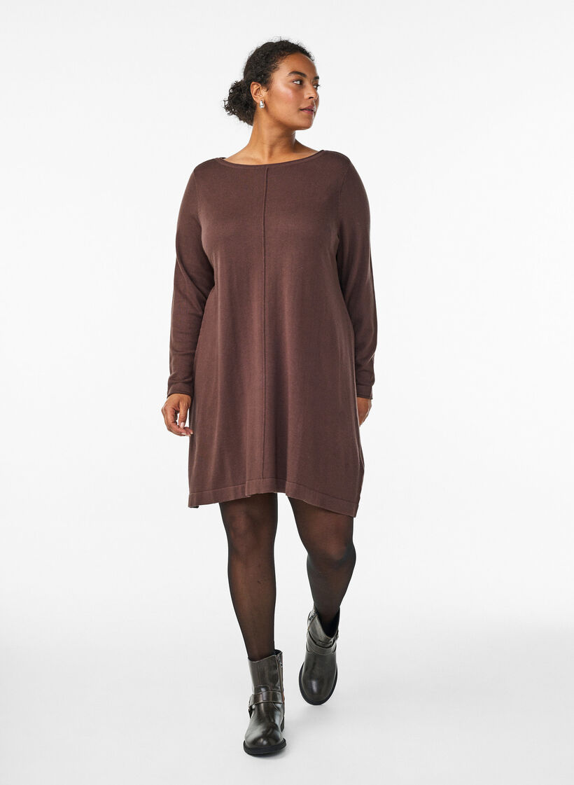 Strikket kjole i bomull og viskoseblanding, Brun, Model image number 1