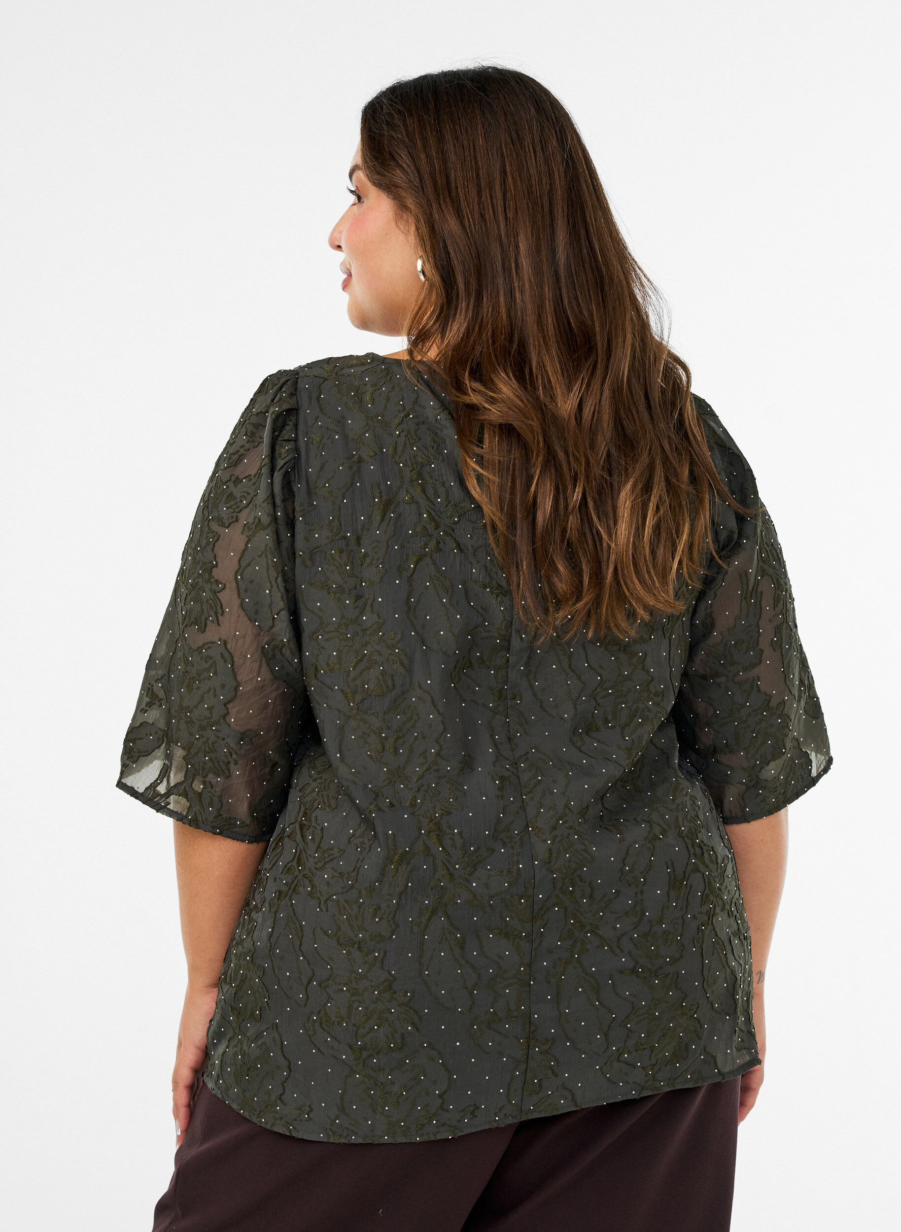 ZizziJacquard bluse med glitrende detaljer og puffede ermer, Gr&oslash;nn, Model image number 2