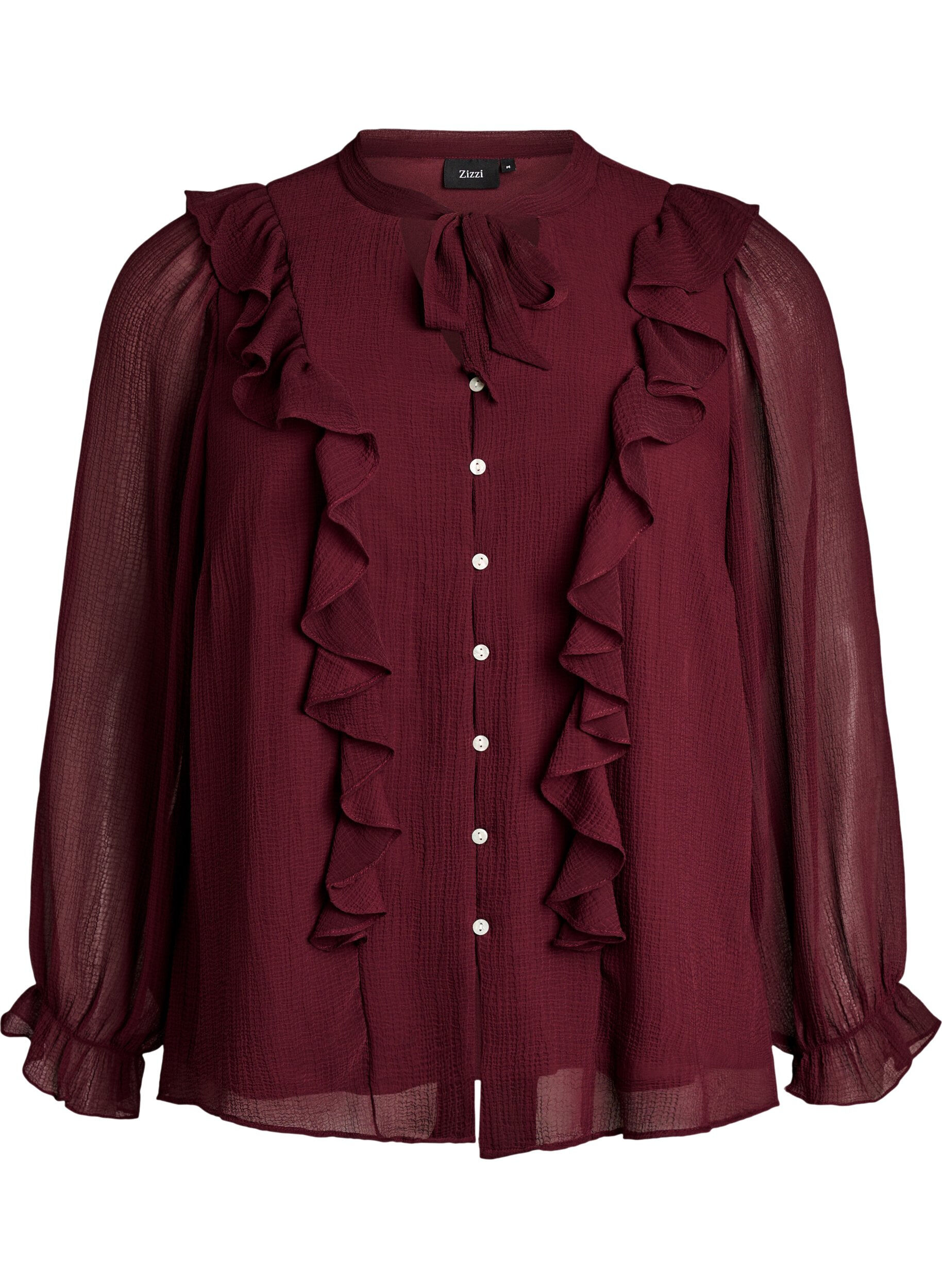ZizziGjennomsiktig bluse med volanger og knyte-lukking, R&oslash;d, Packshot image number 0