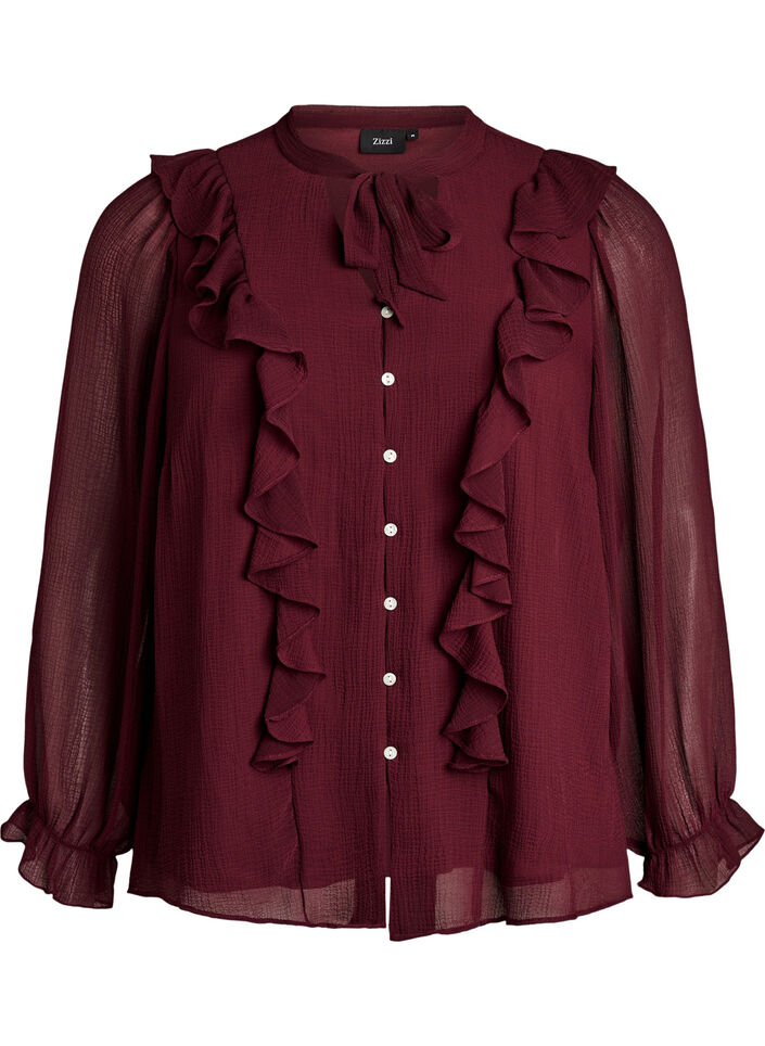 Gjennomsiktig bluse med volanger og knyte-lukking, R&oslash;d, Packshot image number 0
