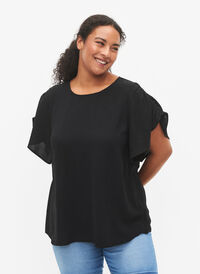 Kortærmet bluse med rynker, Black, Model