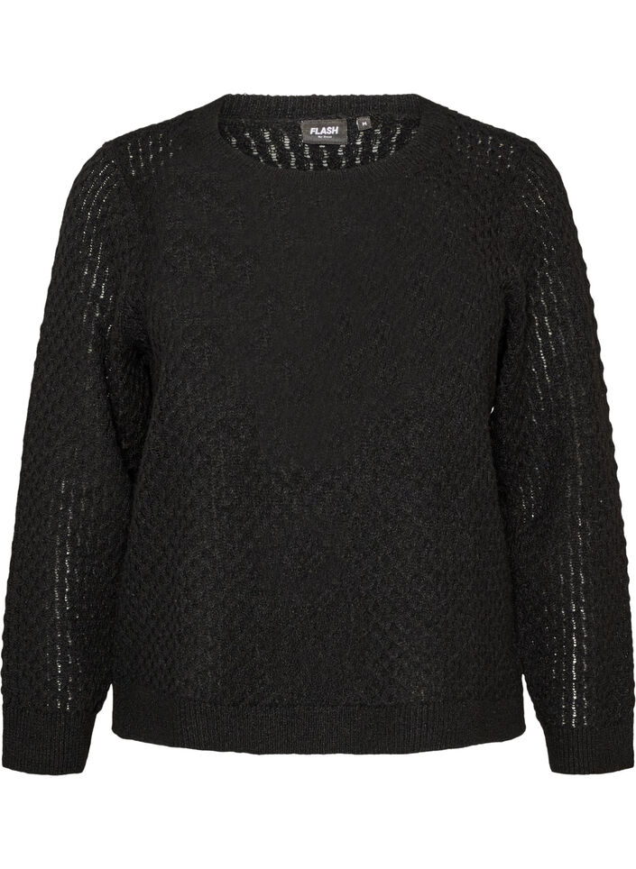 Strikkebluse med strukturert hullm&oslash;nster, Svart, Packshot image number 0