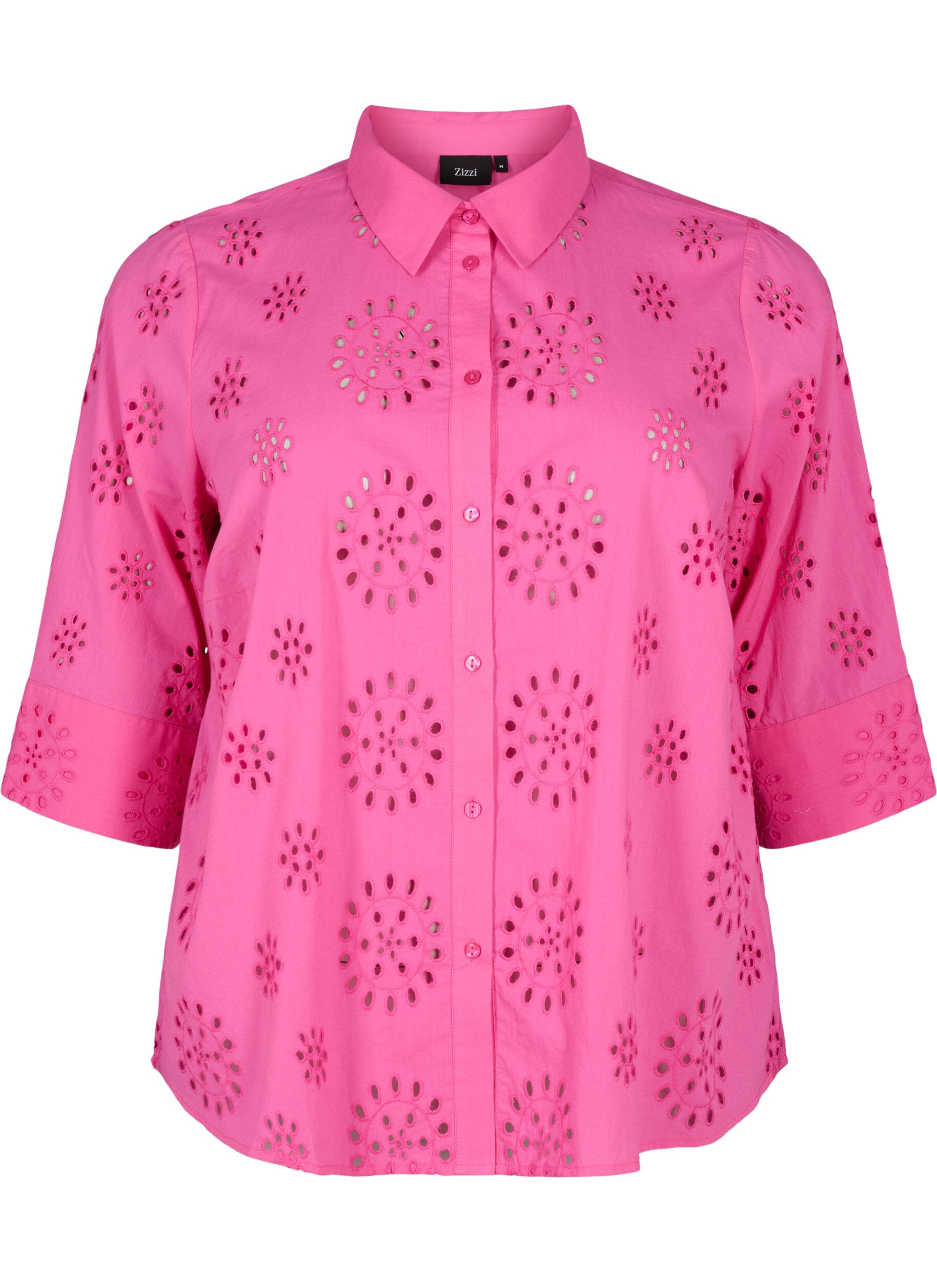 Zizzi Skjortebluse med engelsk broderi og 3/4-ermer, Raspberry Rose, Packshot image number 0