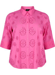 Skjortebluse med engelsk broderi og 3/4-ermer, Raspberry Rose