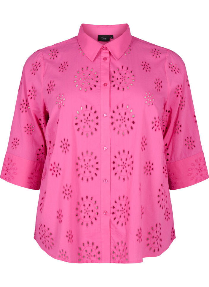 Skjortebluse med engelsk broderi og 3/4-ermer, Raspberry Rose, Packshot image number 0