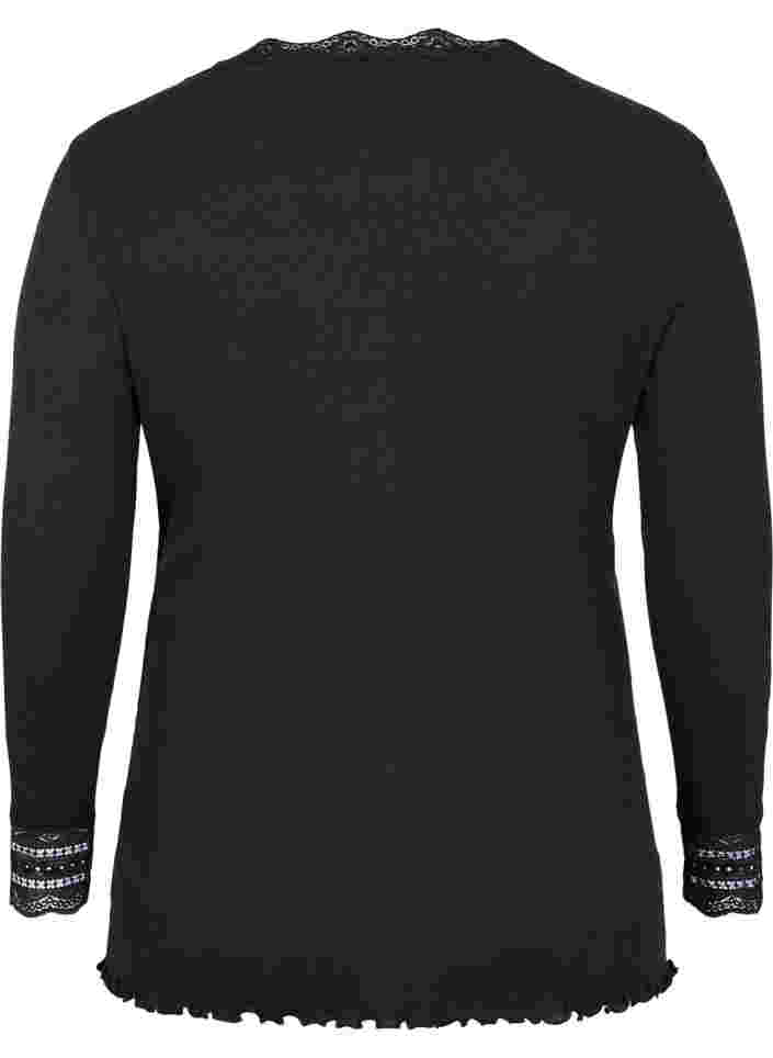 Langermet ribbet genser med blondedetaljer, Black, Packshot image number 1