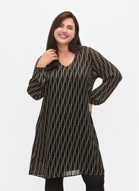 Langarmet kjole med V-hals og trykk, Black Weaves AOP, Model