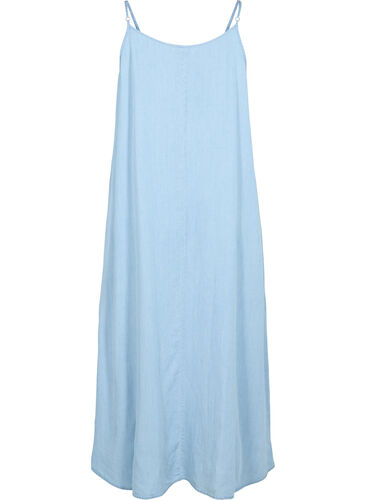 Lang denimkjole med tynne stropper, Light blue denim, Packshot image number 1