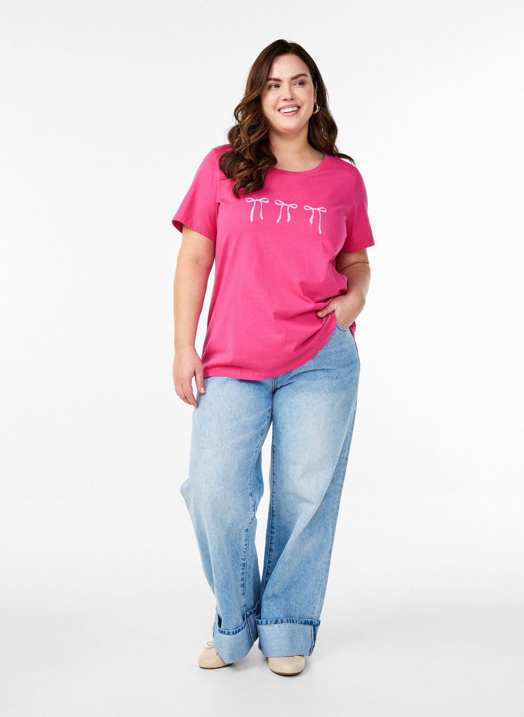 Zizzi Bomulls-t-skjorte med motiv, Raspberry w. Bows, Model image number 2