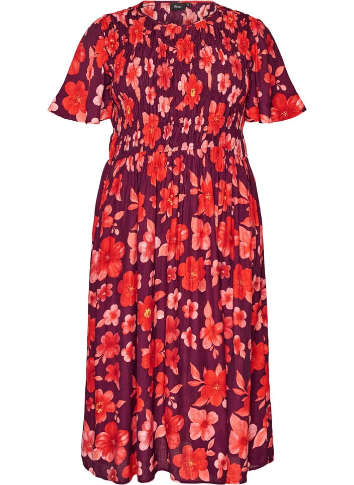 Kjole med smocking og blomstertrykk, Lilla, Packshot