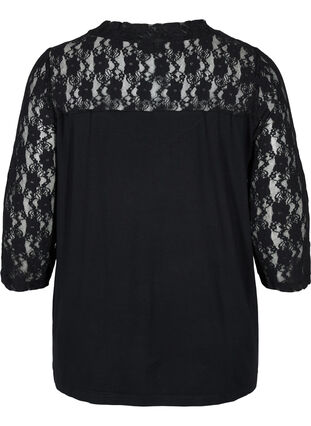 Viskosebluse med blonder og 3/4 ermer, Black, Packshot image number 1