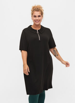 Kortermet kjole med krave og glidelås, Black, Model image number 0