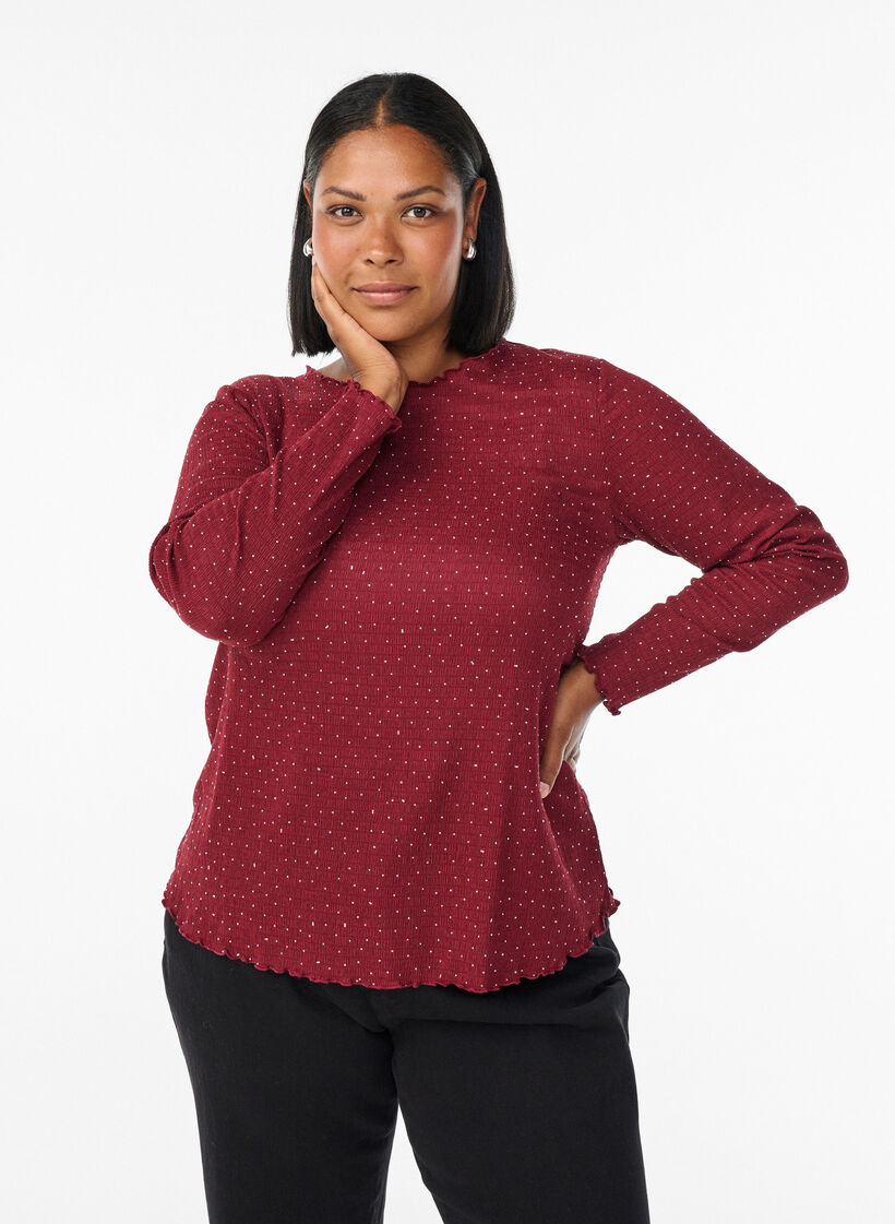 Langermet bluse med rhinsteiner, Mørk Bordeaux, Model image number 0