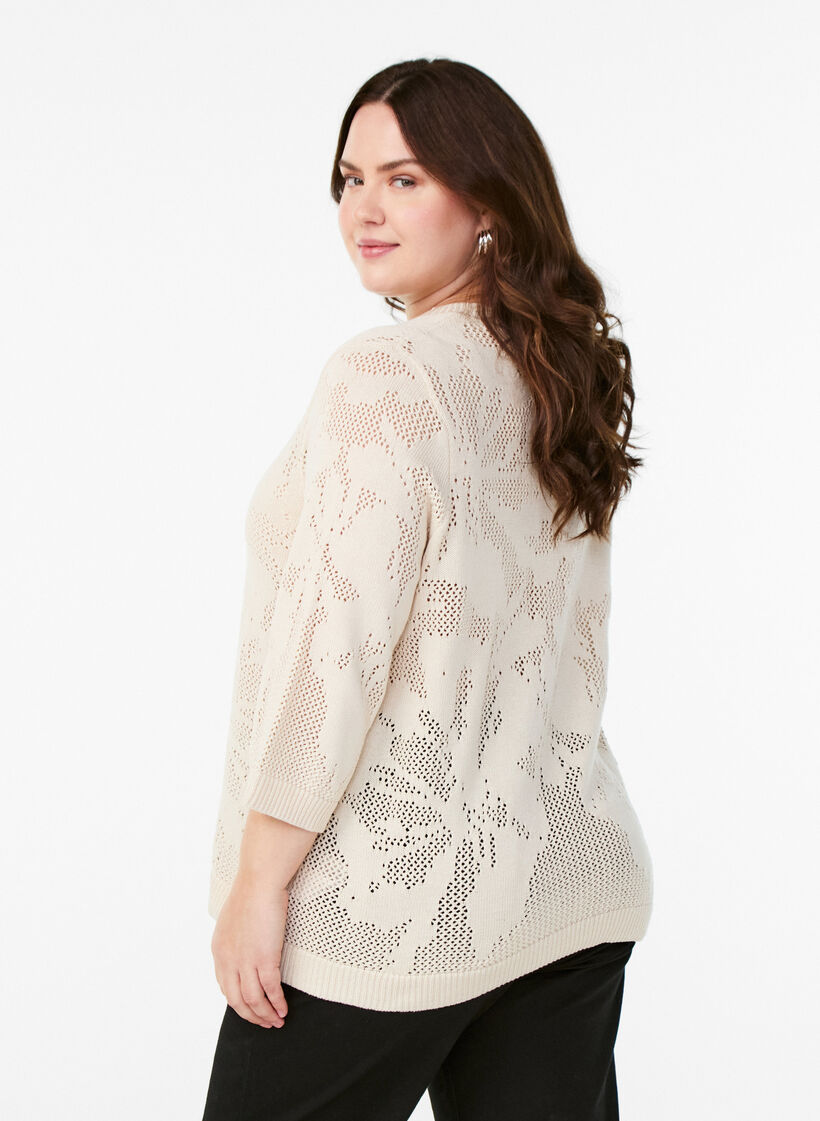 Strikket bluse med åpent mønster og 3/4-ermer, Birch, Model