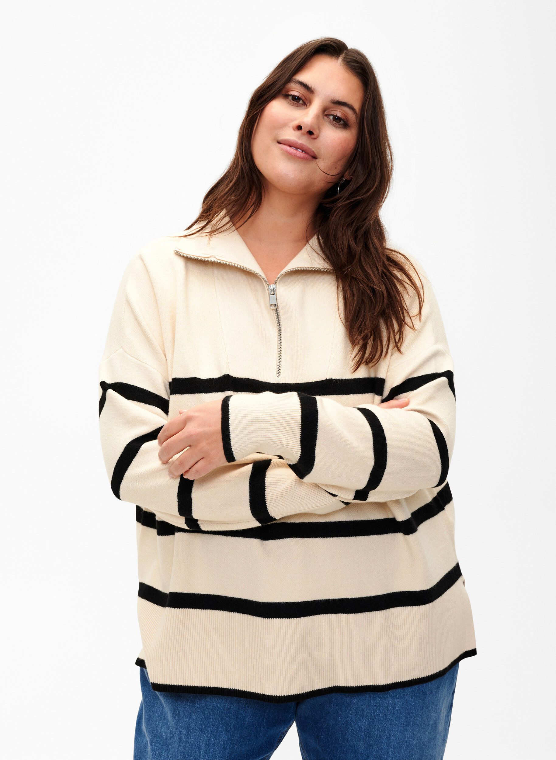Zizzi Pullover med striper og h&oslash;y krage	, Birch w. Black, Model image number 0