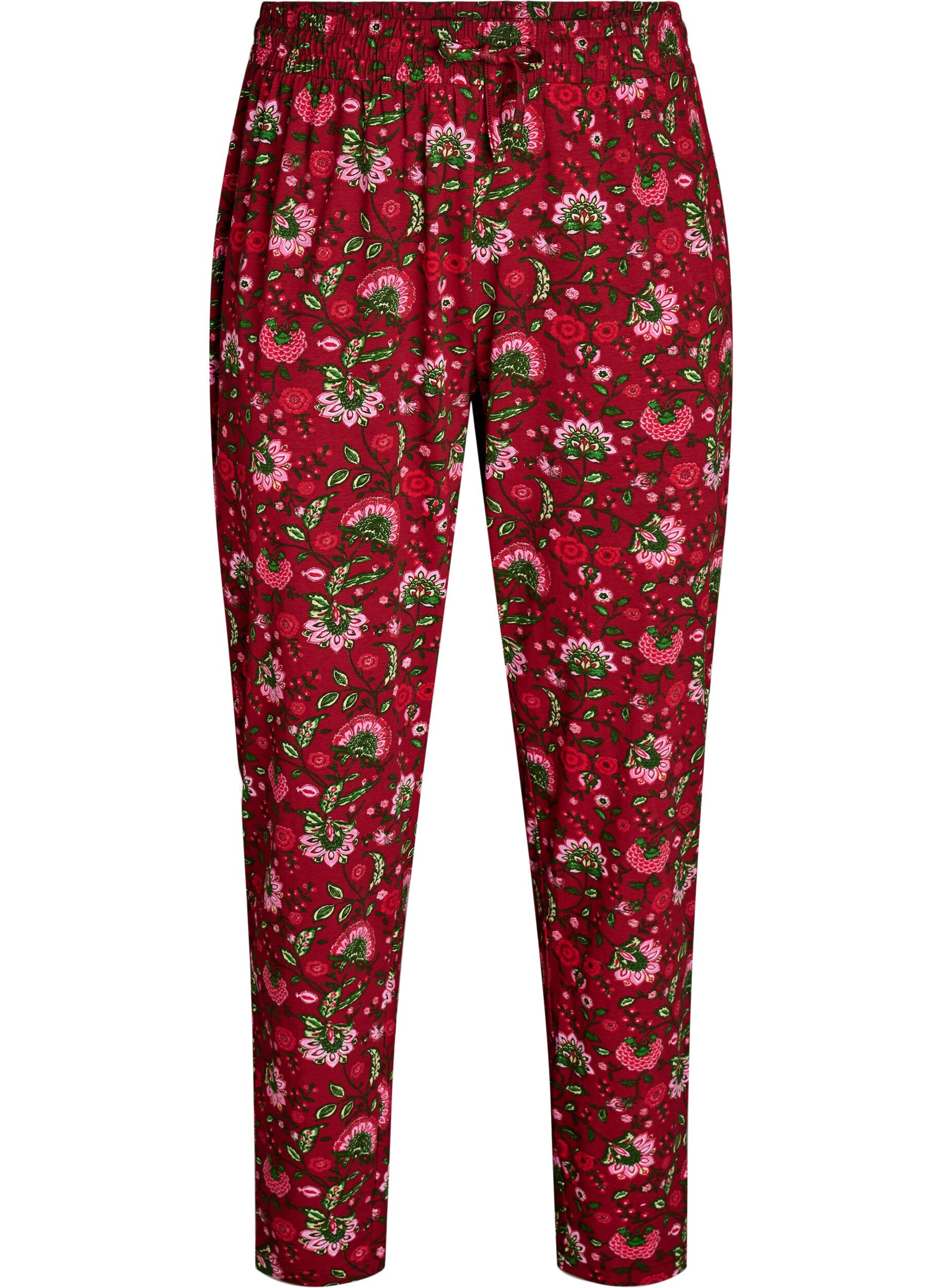 Zizzi Bomulls pyjamasbukser med trykk, R&oslash;d, Packshot image number 0