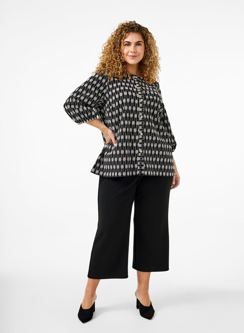 Bomullsskjortebluse med blomstermønster, Black, Model image number 2