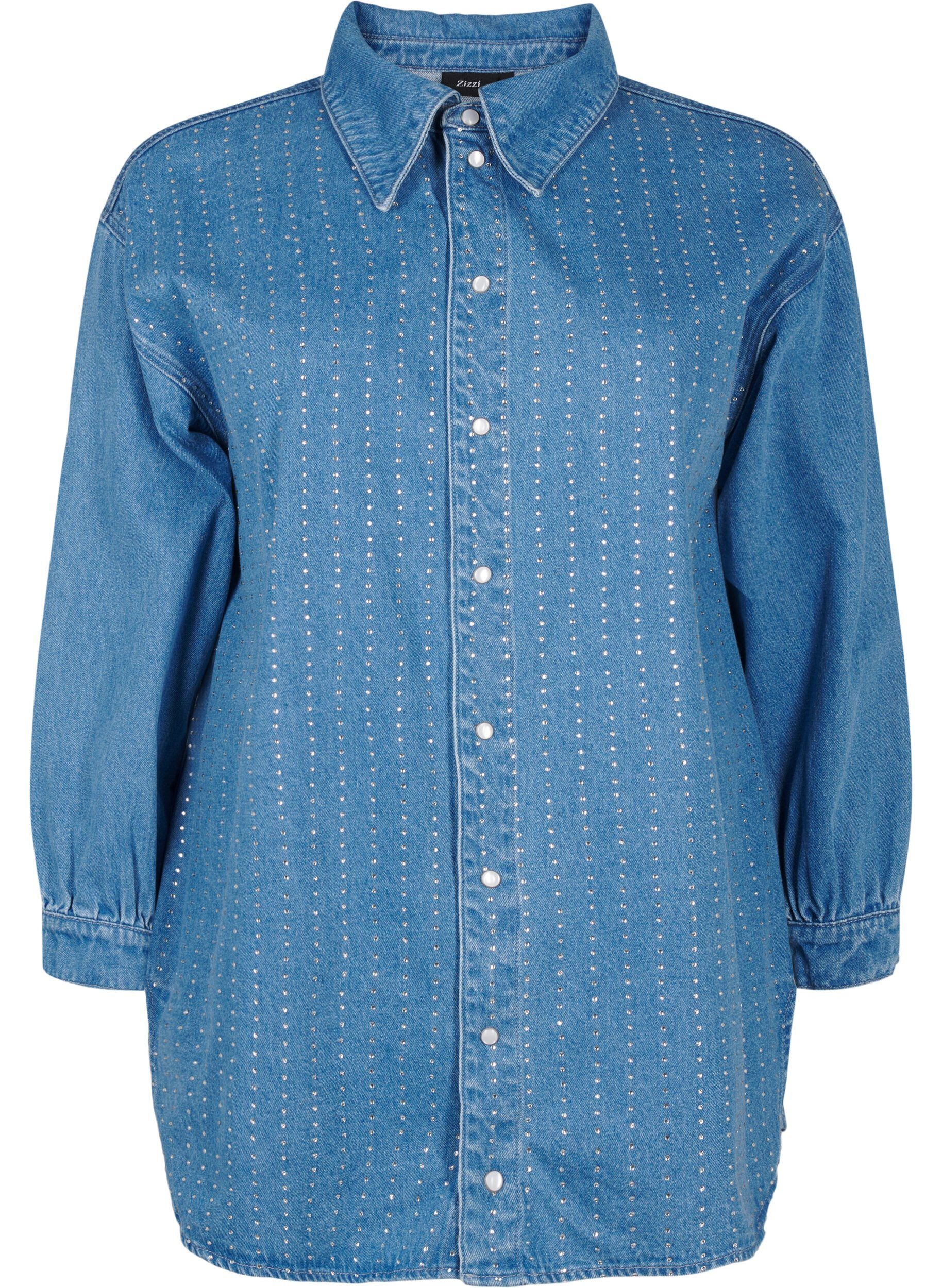 Zizzi Denimskjorte med rhinesteiner, Light Blue Denim, Packshot image number 0