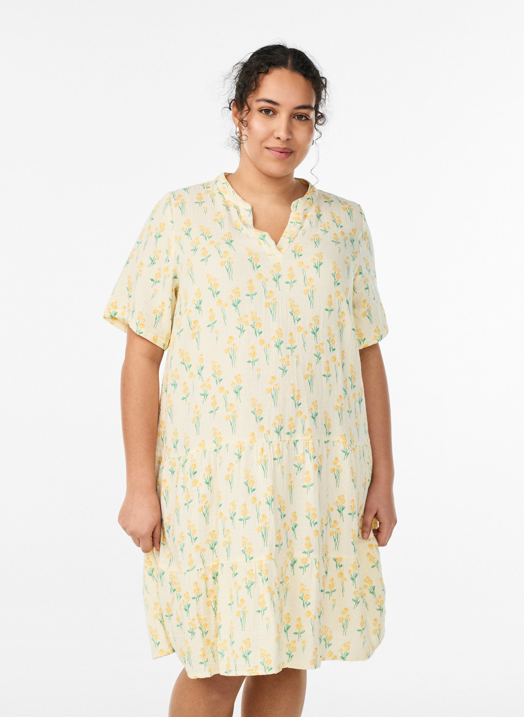 Kort A-linjekjole i bomullsmuslin, Gul, Model