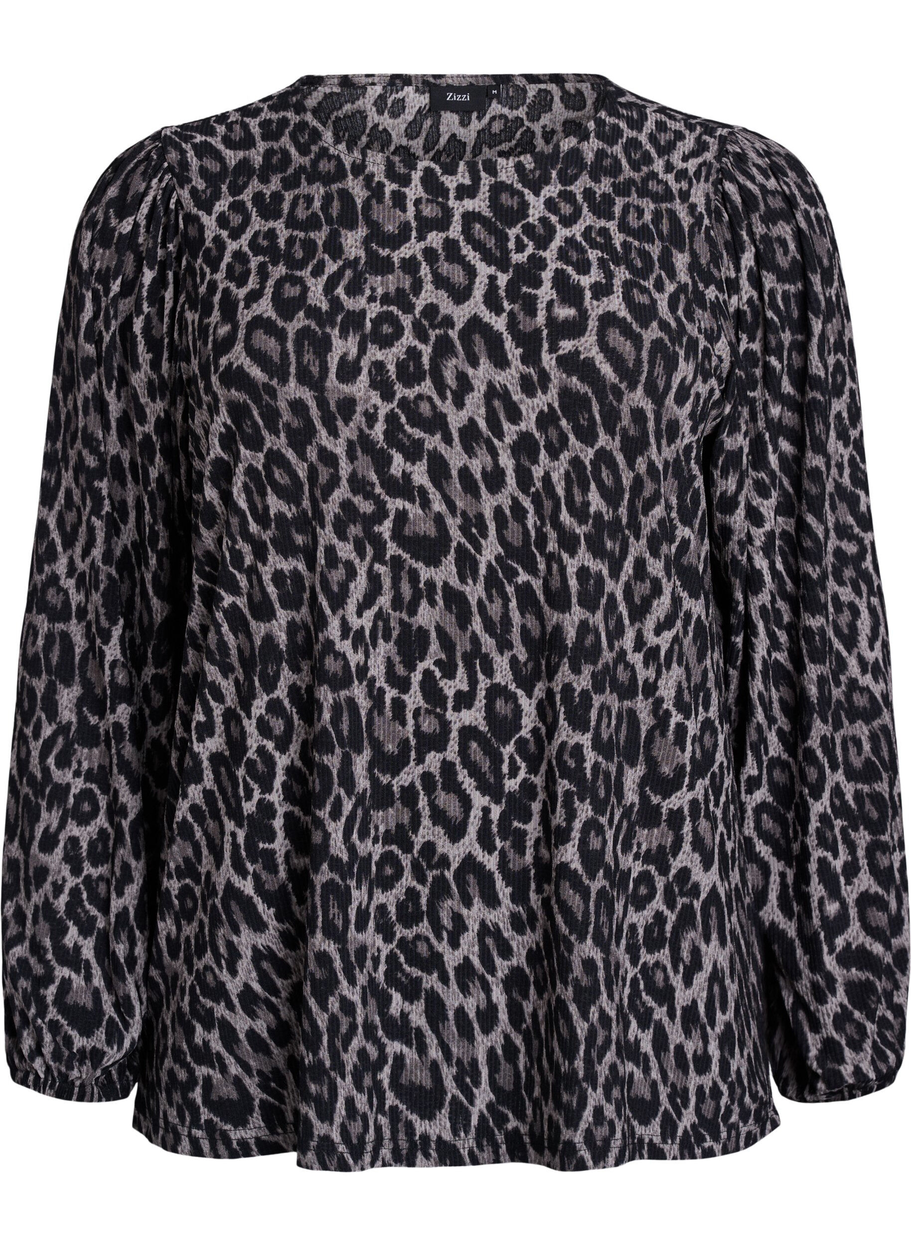 Bluse med lange ermer og leopardm&oslash;nster