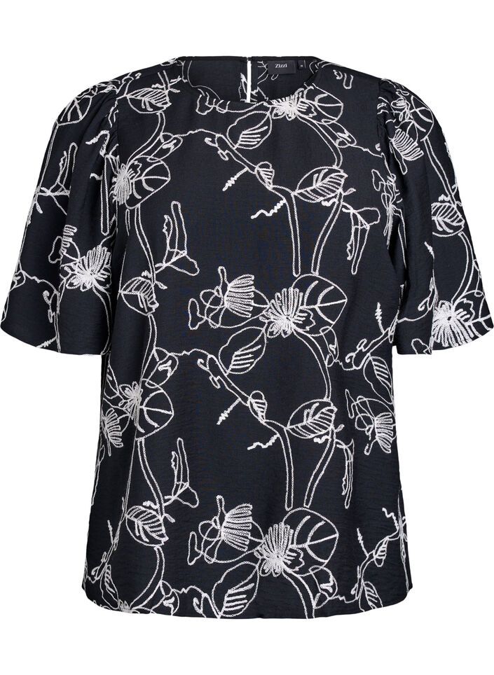 Kortermet bluse med brodert m&oslash;nster, Svart, Packshot image number 0