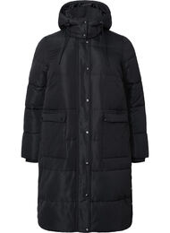 Lang Puffer jakke med lommer og hette, Black