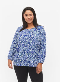 Bluse med puffermer, White/Blue Ditsy, Model