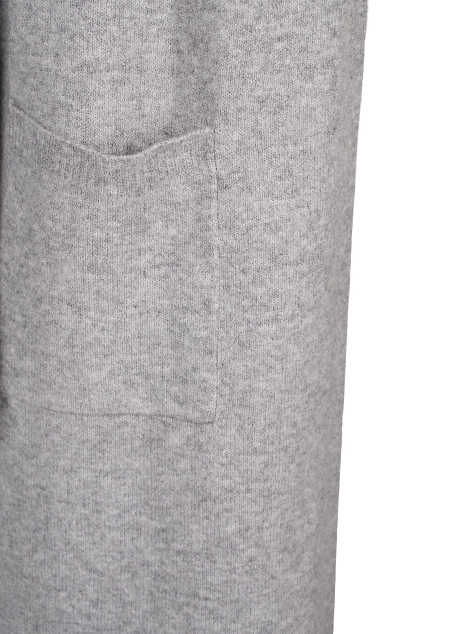 Zizzi Lang strikket cardigan med lommer, Light Grey Melange, Packshot image number 3