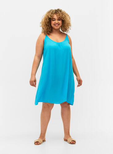 Ensfarget kjole i viskose med stropper, Blue Atoll, Model image number 0