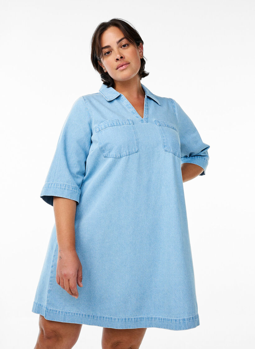 Kort denimkjole med krage og V-hals, Blå, Model image number 0